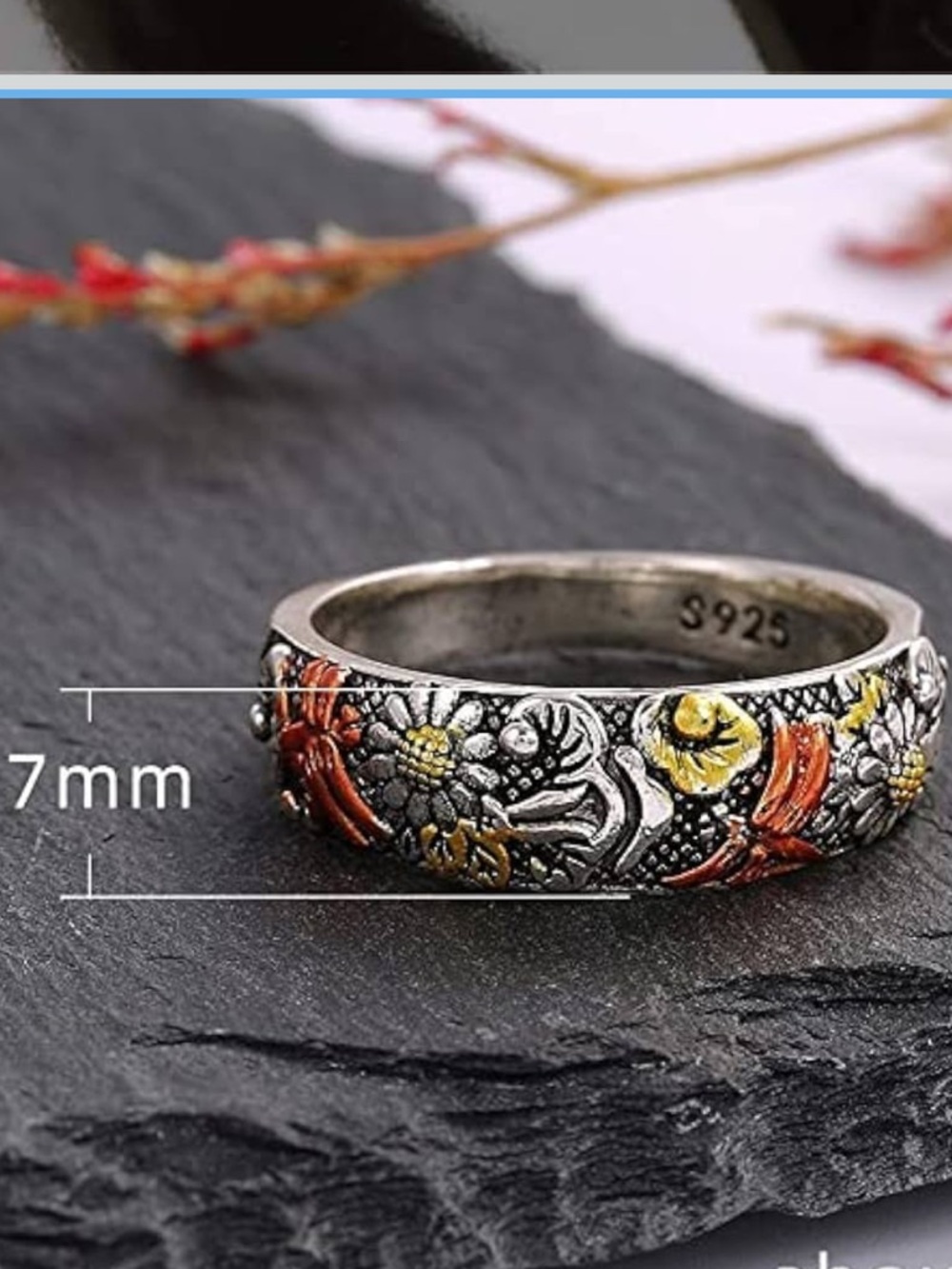 Vintage Silver and Rose Gold Colorful Carved Dragonfly Ring, Size 7 or 8, NWOT - Picture 4 of 5